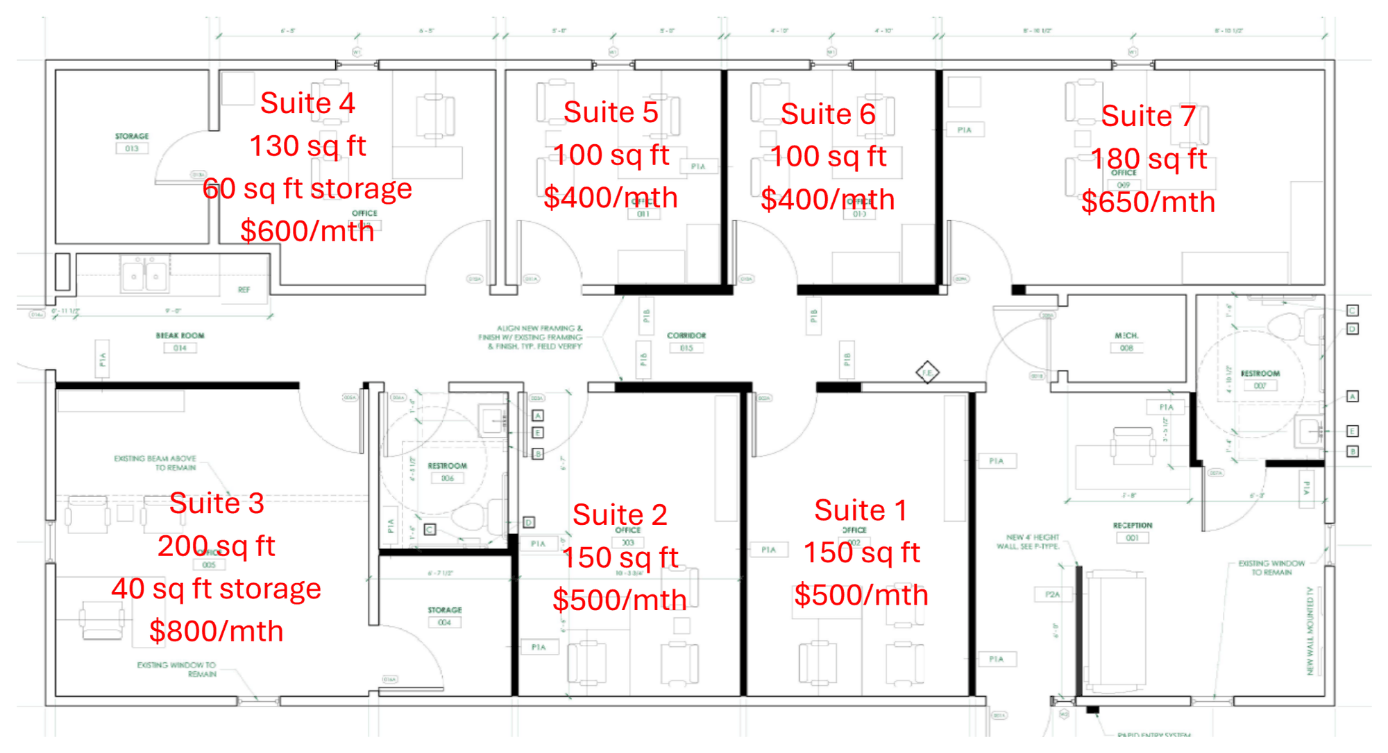 Ozark floor plan with suite sizes and rents